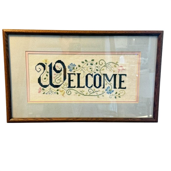 Other - Vintage Framed Needlepoint "WELCOME" Sampler Floral Vine 20x12 Cottage Decor